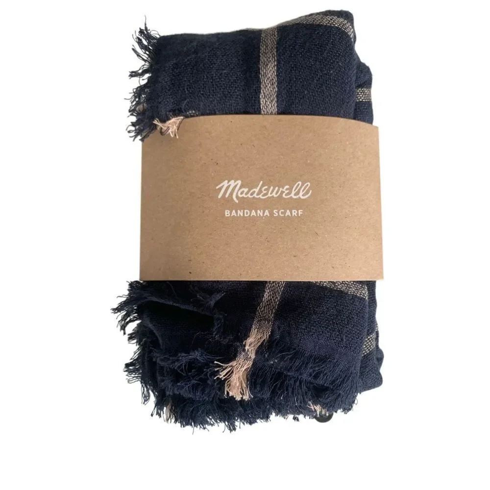 Madewell Plaid Bandana Scarf in Blue Fringed Edge Check Square Kerchief